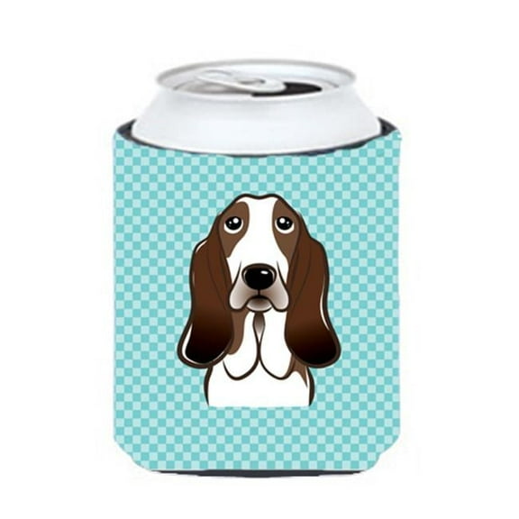 Checkerboard Blue Basset Hound Can Or Bottle Hugger, 12 Oz.