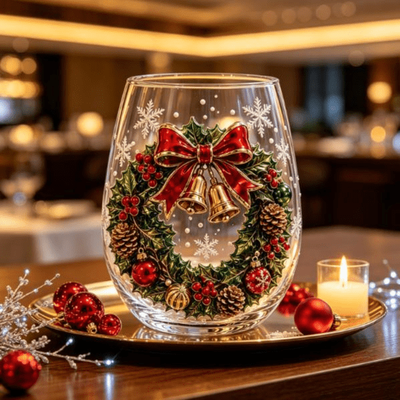 Ktlvex Magical Christmas 3D Glass Cup Tree Stemless Wine Glass 3D Hand Painted Embossed Glass Tumbler Decorative Holiday Christmas Party Table Decor