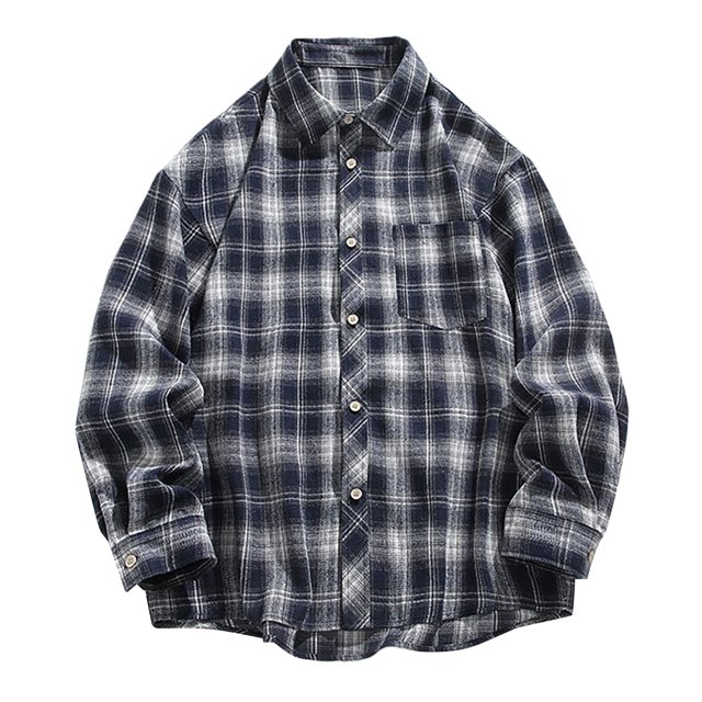 XDZJLR Men's Shirts Checkered Pocket Trendy Casual Loose Comfortable Business foreign Trade Long Sleeved Tee