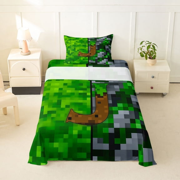 Feelyou Pixel Game Letter J Twin Sheets for Kids Boys, Green Brown Blocks Abstract Bedding, 3pcs, 1 Flat Sheet, 1 Fitted Sheet and 1 Pillowcase