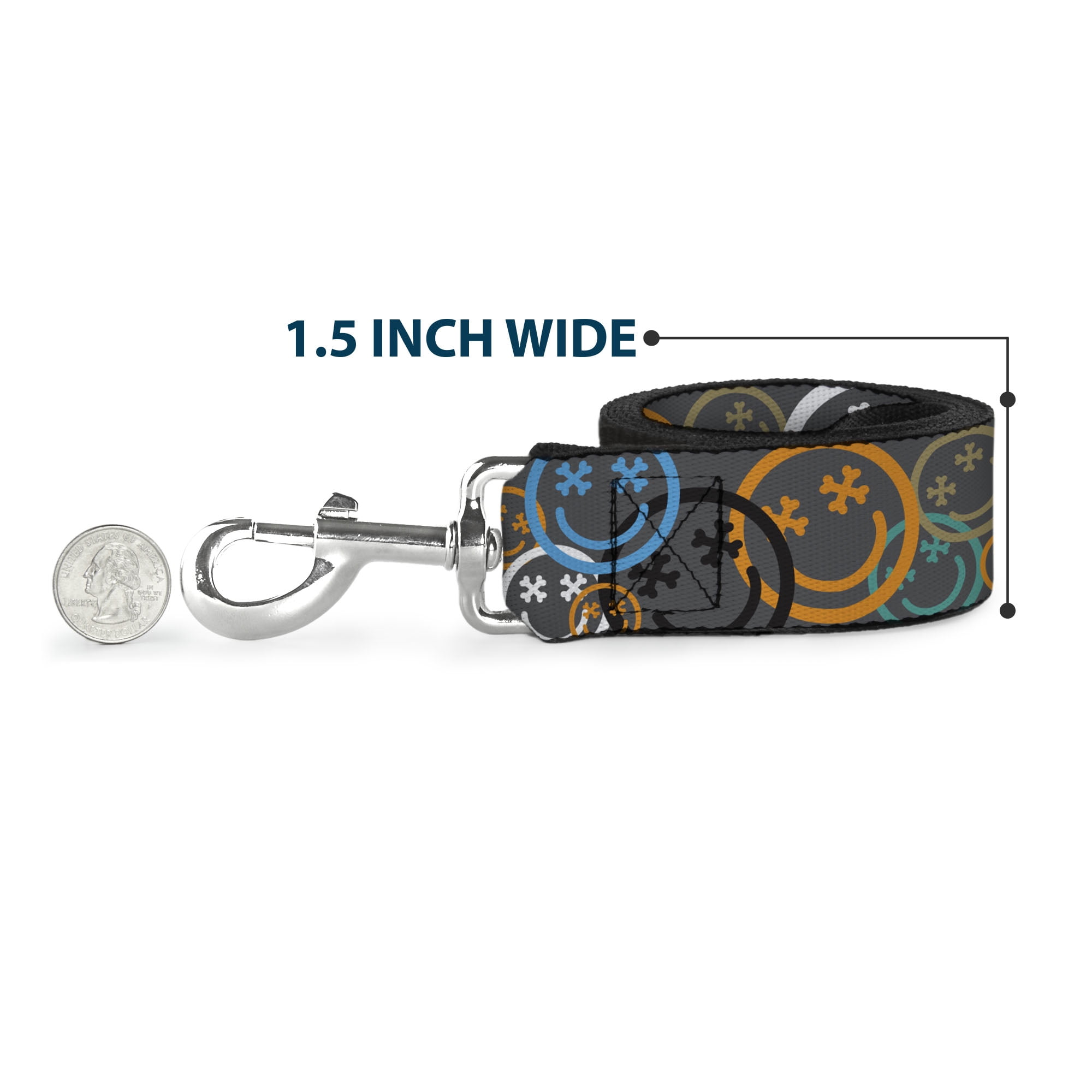Buckle-Down Pet Leash, Dog Leash, Smiley Face Crossbones Stacked Gray Multi Color, 6 Feet Long 1.0 Inch Wide