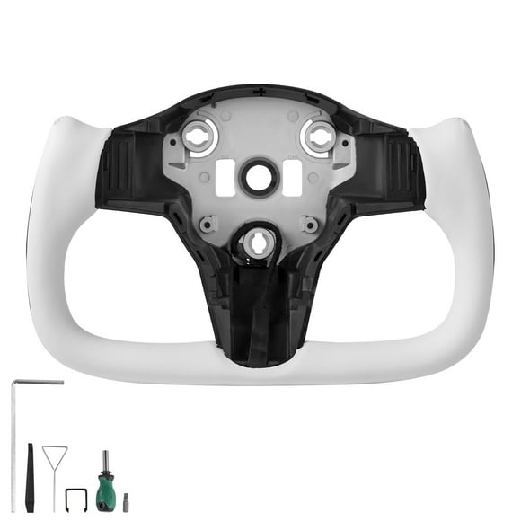 VEVOR Volant pour Tesla Model 3 2016-2023, Volant en Fibre de Carbone en Forme de D à Fond Plat avec Fonction de Chauffage, Prise en Cuir avec Texture Antidérapante, Accessoires de Remplacement pour Model 3, Blanc