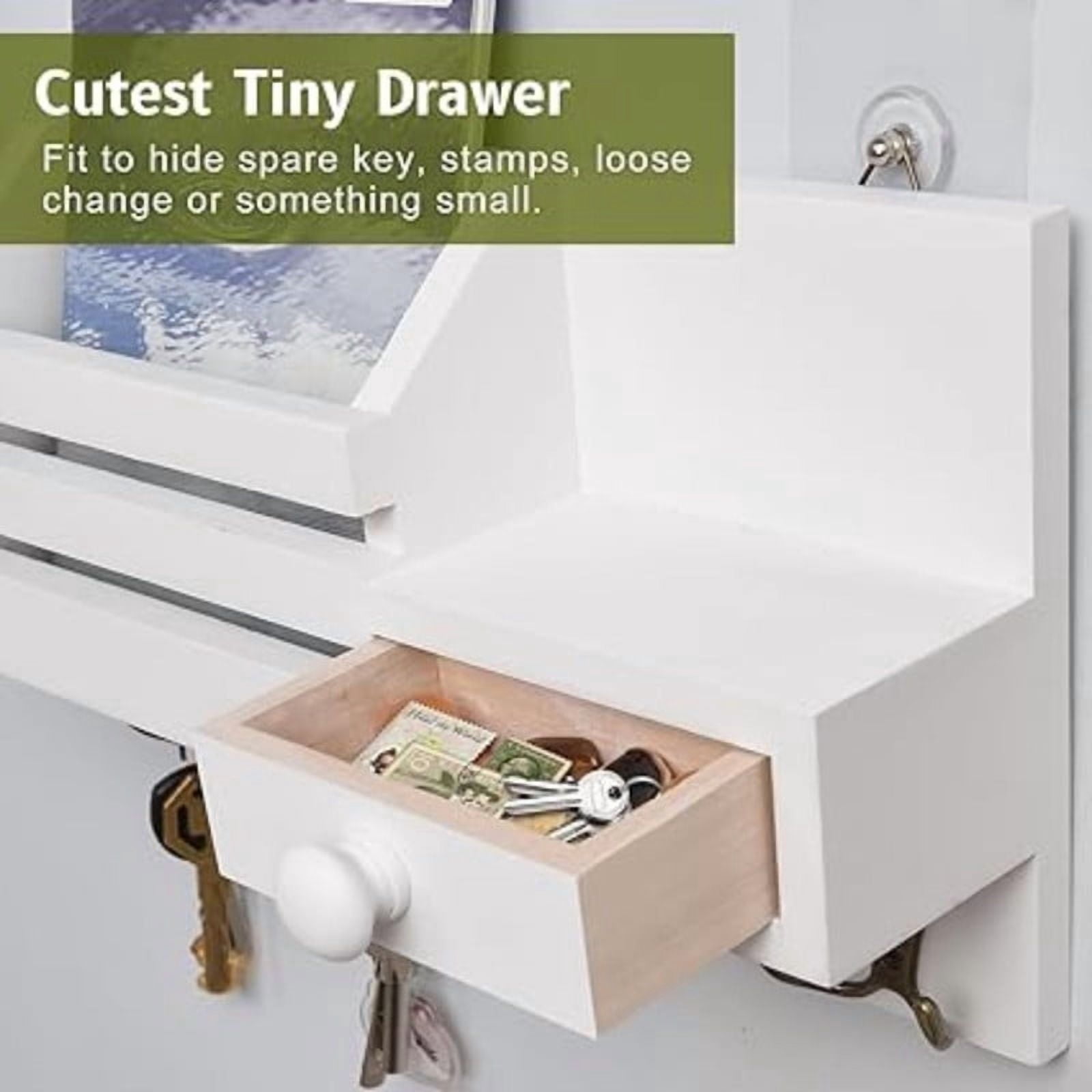 Key Holder Wall Mount, Wooden Adhesive Mail and Key Organizer with Drawer, Small Shelf, 8 Hooks, 2 Installation Methods, White