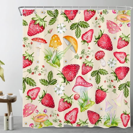 Strawberry and Mushroom Shower Curtain for Bathroom,Watercolor Strawberry Mushrooms on Beige Background Fabric Shower Curtain with Hooks, Natural Plant Fruit Bathroom Curtains Shower Set, 69x70 inches