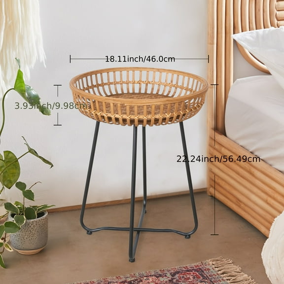 Oakrian Rattan Side Table Nesting Tables Set Of 2, Bamboo Round Table Coffee Table Metal Base End Table for Boho Living Room, Sofa, Bedroom, Terrace, Accent Table(20.47inch)