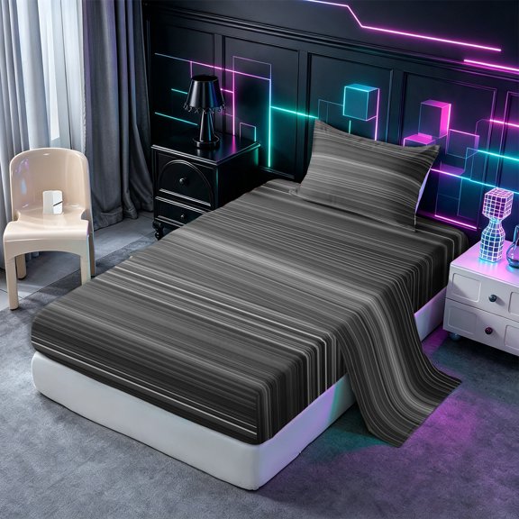 Castle Fairy Geometric Gradient Horizontal Stripe Twin Sheets 3pcs,Minimalist Thin Line Bedding,Black Gray Silver,1 Flat Sheet, 1 Fitted Sheet and 1 Pillowcase