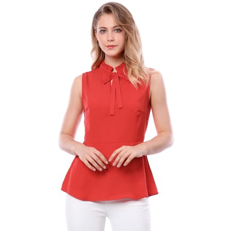 Peplum Bow - Women's Summer Ruffle Neck Bow Tie Blouse Peplum Top Red (Size M / 10)