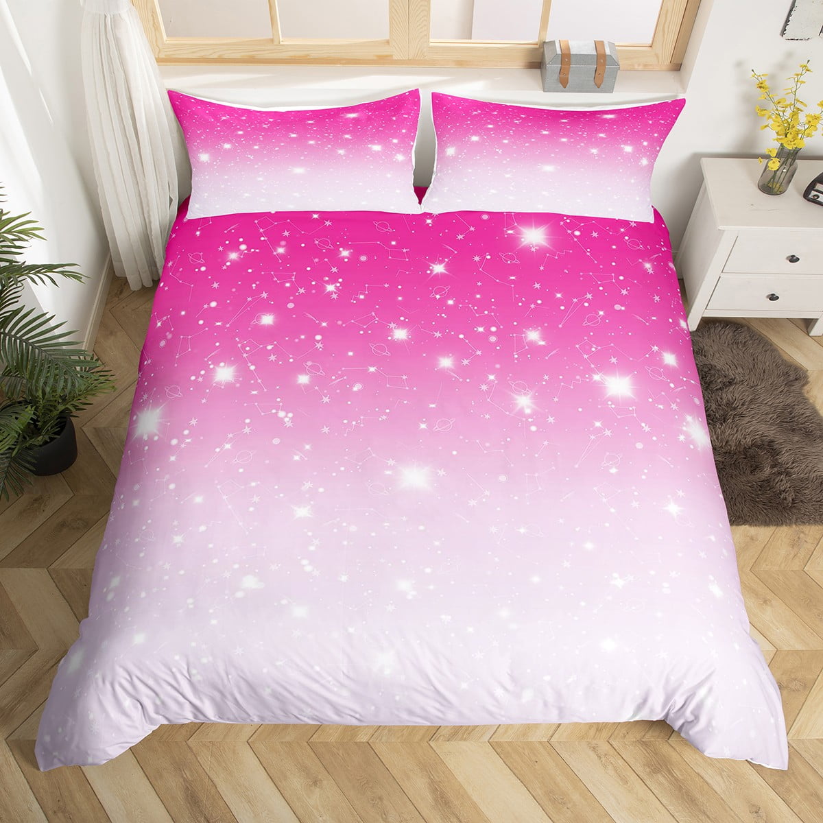 YST Pink Ombre Bedding Set For Girls Twin,Kids Galaxy Constellation