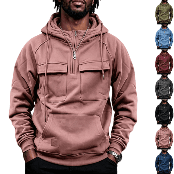 LRGSHF Men's Quarter Zip Utility Hoodie Sweatshirt, Raglan Sleeve Multi‑Pocket Drawstring Hooded Pullover, Loose Fit Solid Color Casual Top