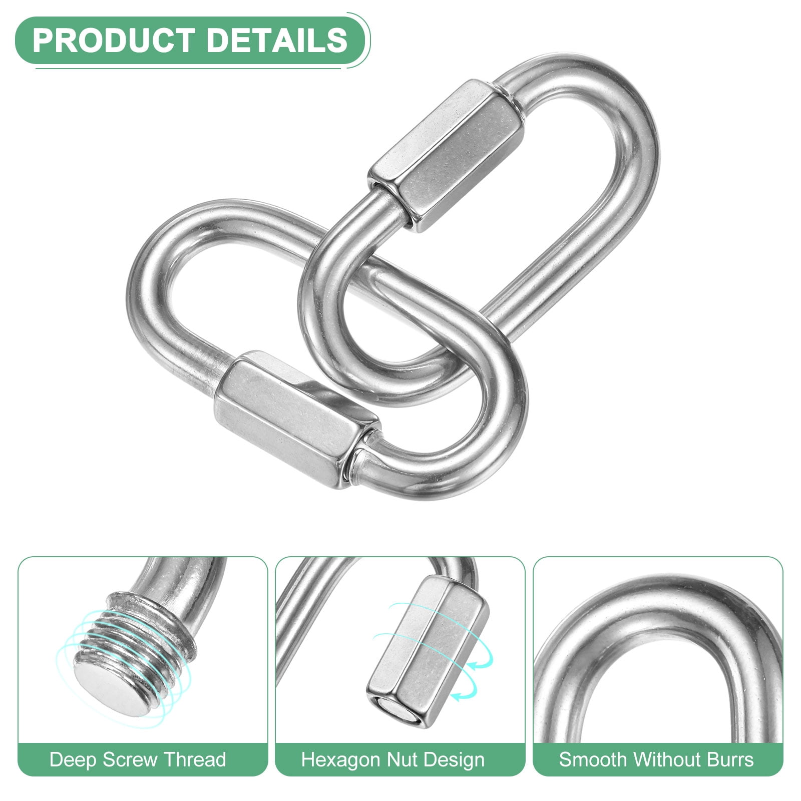 4-Pack Quick Chain Link Connector, M8 5/16" 316 Stainless Steel D-Shape Locking Repair Chain Links for Swing/Camping/Hiking/Backpack, Twist Key Ring Screw Chain Link [Silver]