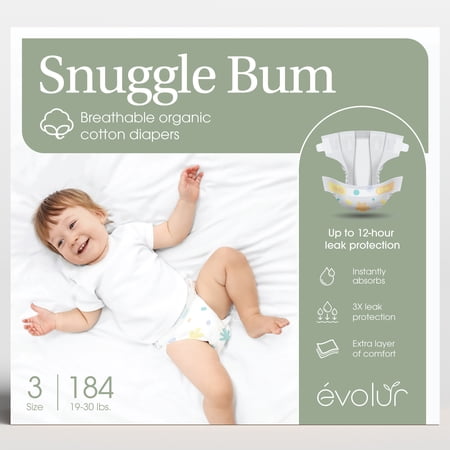 Evolur Snuggle Bum Baby Diapers - Size 3, 184 Count, for Infant & Toddlers (19 lbs - 30 lbs), Ultra Absorbent, Long lasing Dryness Upto 12 Hours
