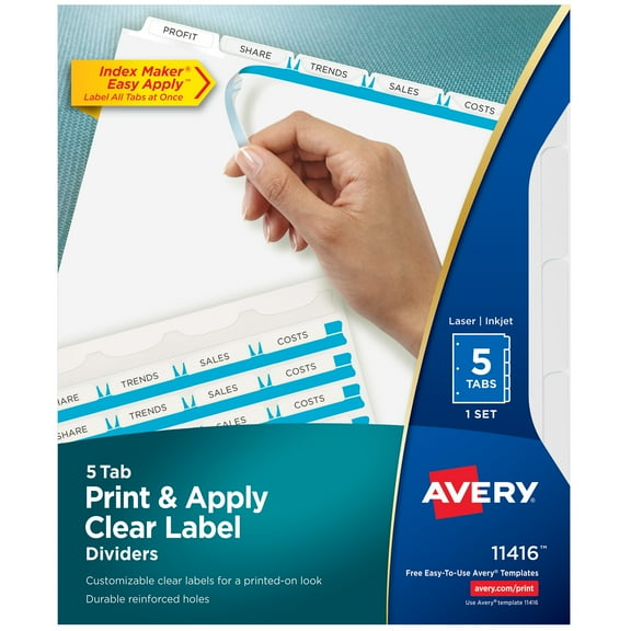 Avery Print & Apply Clear Label Dividers, Index Maker Easy Apply Printable Label Strip, 5 White Tabs, 1 Set (11416)
