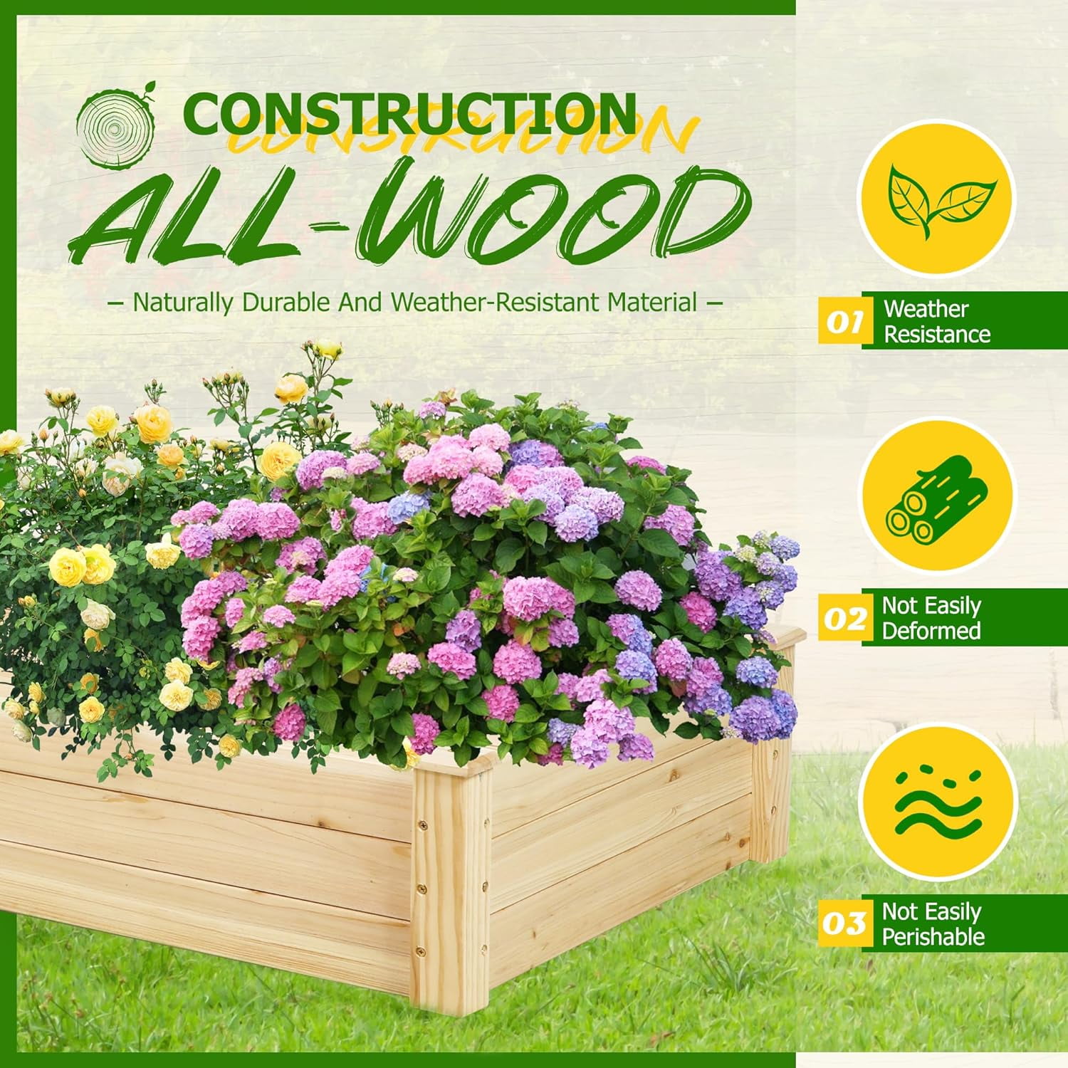 SOLAURA 96" x 24" x 10" Outdoor Wooden Raised Garden Bed Planter for Vegetables, Grass, Lawn, Yard - Natural