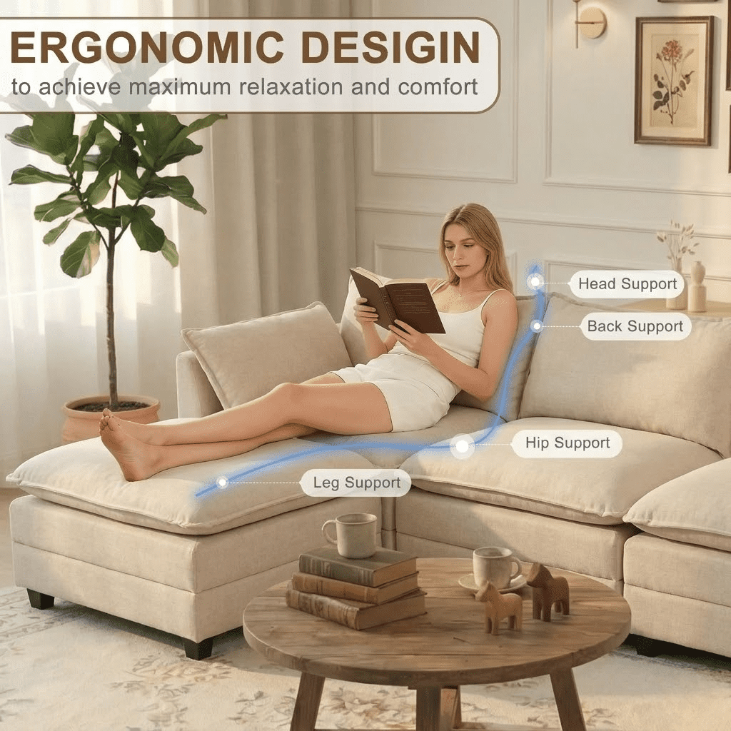 Howcool Cloud Couch Modular Sectional Sofa 3 Seat 107" L Shaped Convertible Couch Chenille Thick Cushion with Ottoman, Removable & Washable Cover for Living Room, Beige