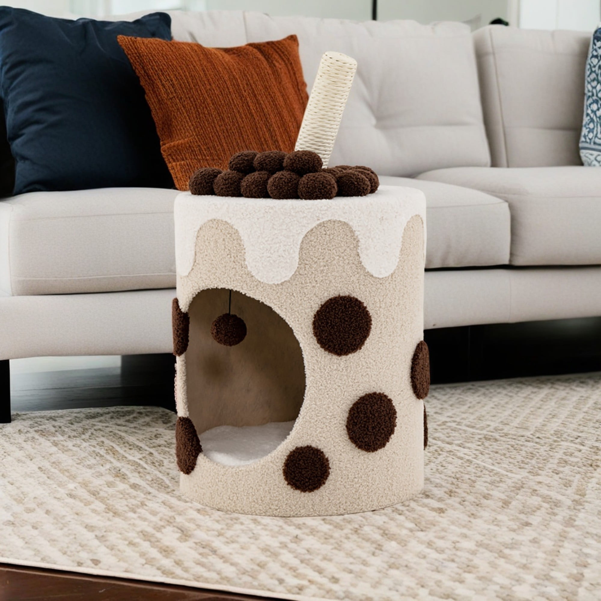 resenkos 27" Cat Cave Bed with Scratching Post, Cat House for Indoor Cats, Modern Cat Condo Cat Nest Cute Prevents Furniture Damage Cat Shelter, Coffee and Beige