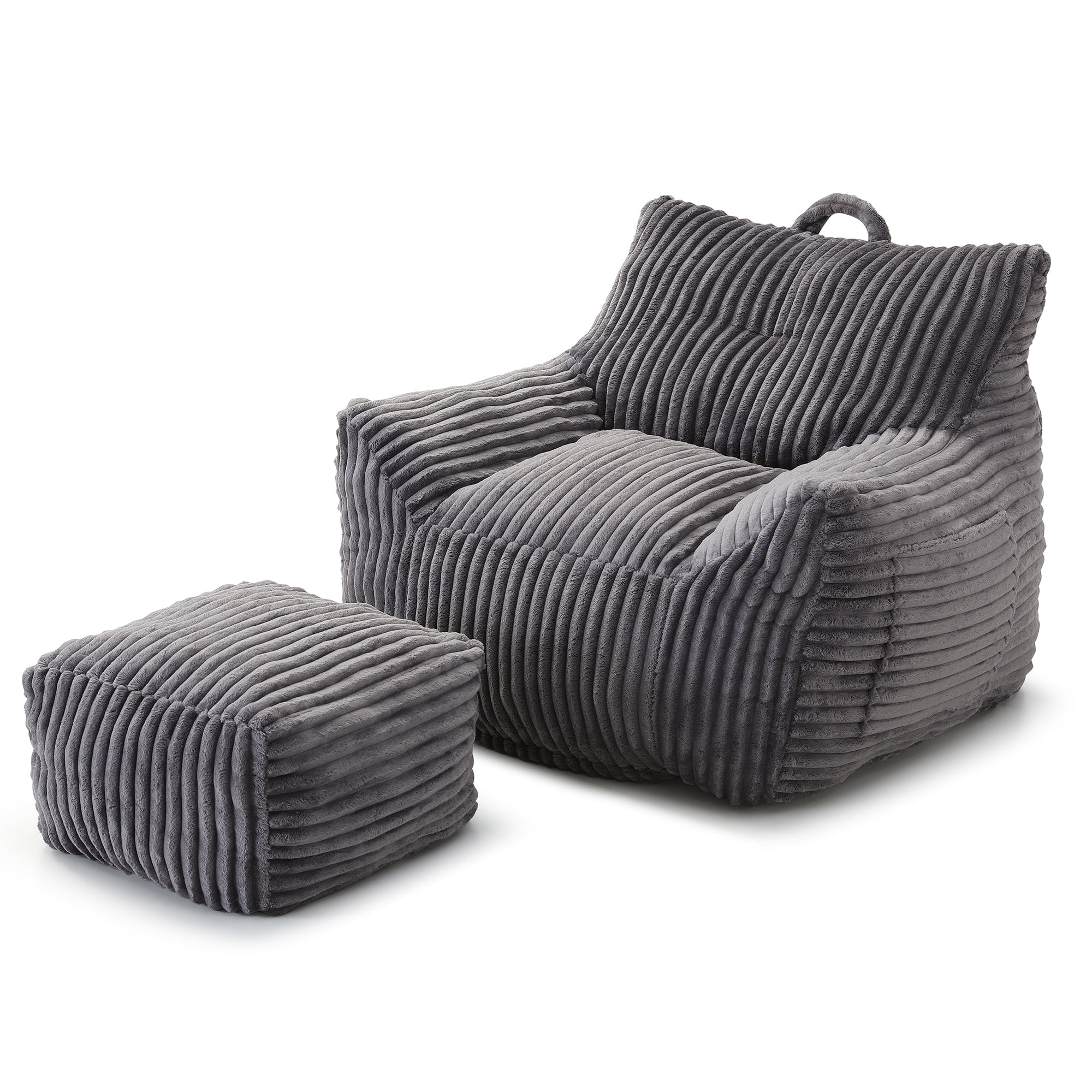 FFZ Giant Grey Plush Bean Bag Chair For Adults With Armrests Footstool