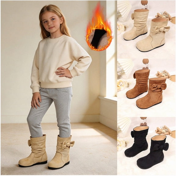 WAVSUF Girls Mid Calf Flat Boots Fleece Warm Wide Width Anti Slip Winter Daily Warm Boots Beige Size 10