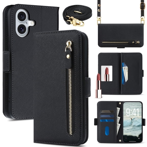 Corliven for iPhone 16 Plus Case PU Leather Flip Wallet Cover with Card Slots Mirror and Shoulder Strap, Black