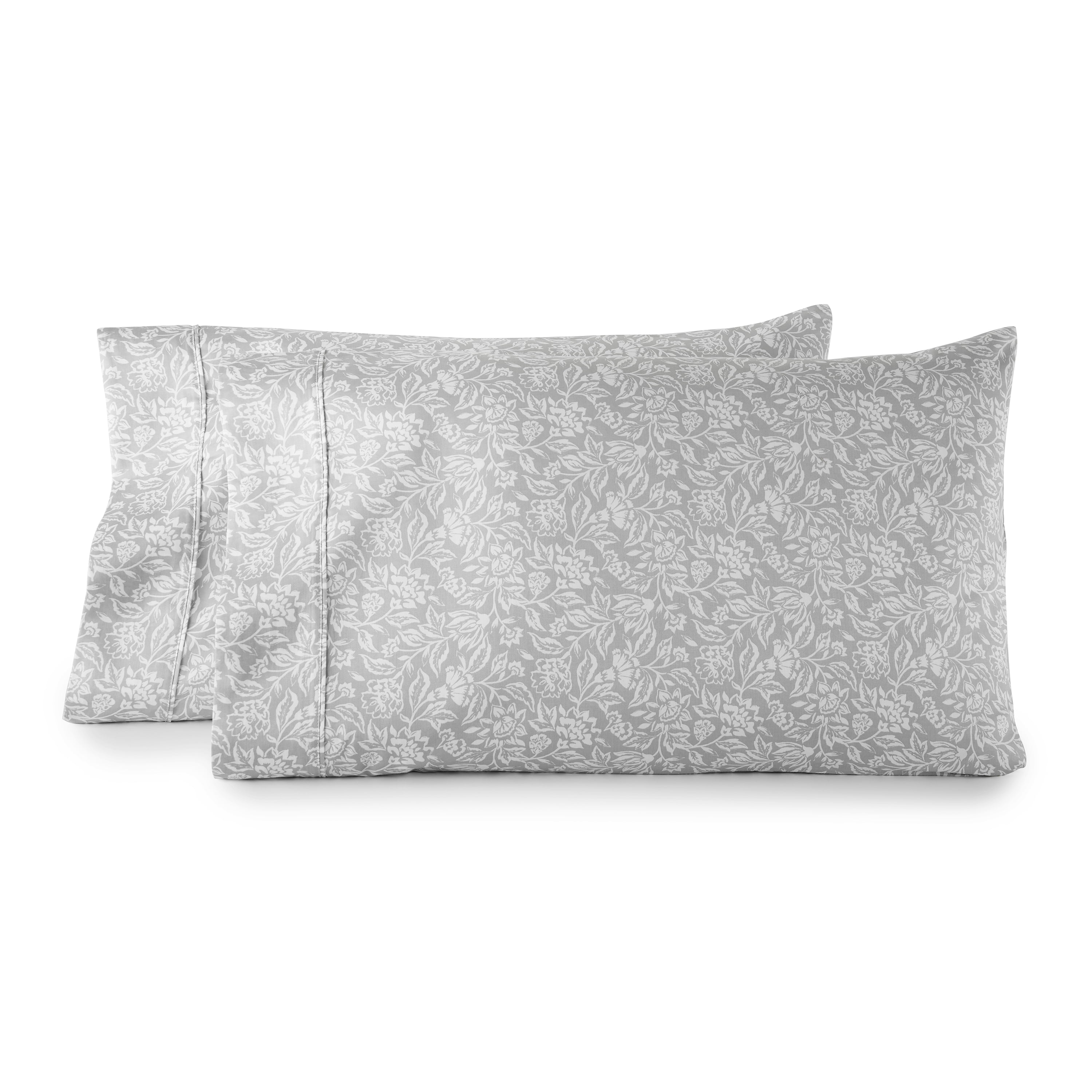 Better Homes & Gardens 2-Piece 300 Thread Count Block Print Floral Soft Silver Cotton Sateen Pillowcase Set, Standard/Queen