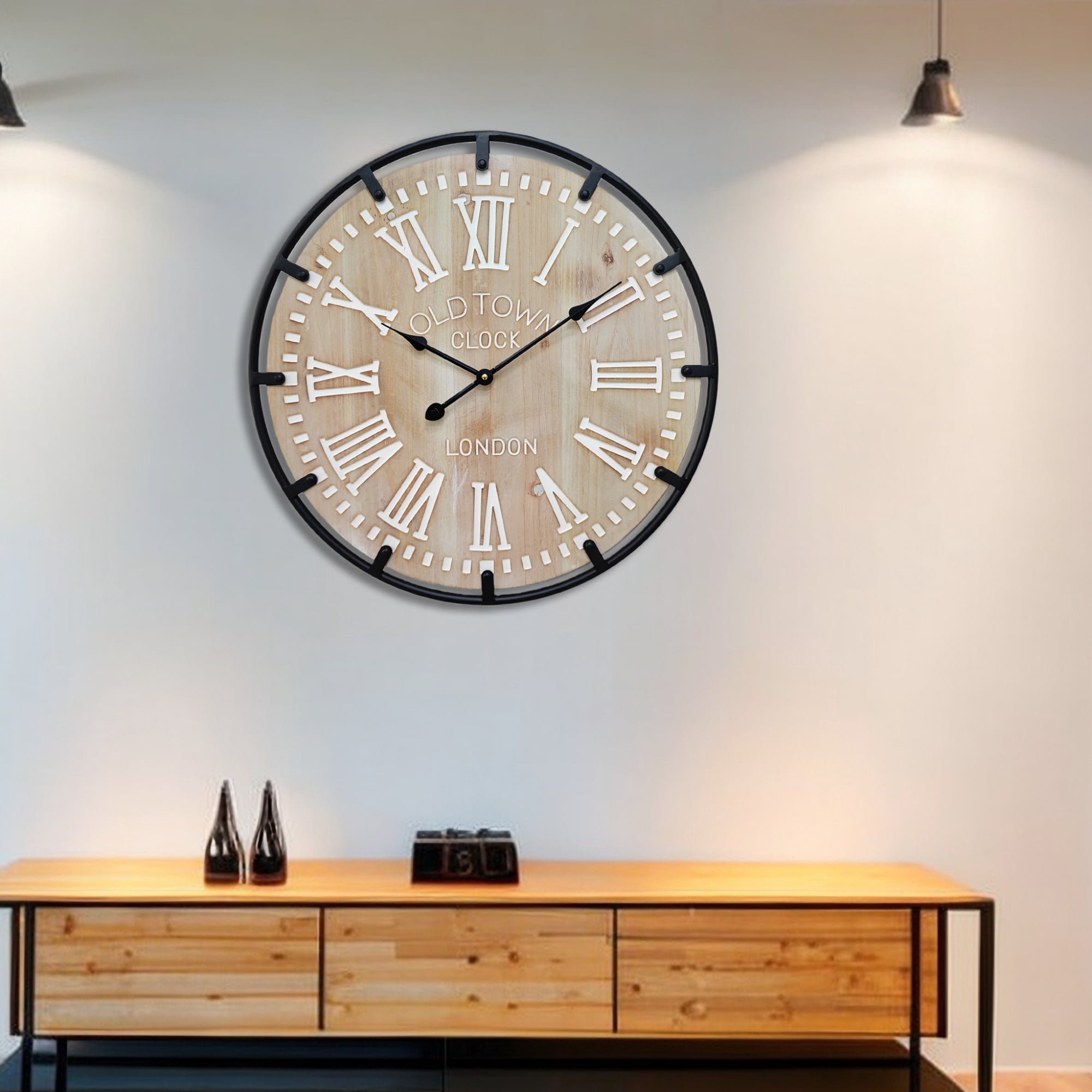 24 Inch Large Metal Frame Farmhouse Rustic Wooden Wall Clock with Engraved Roman Numbers