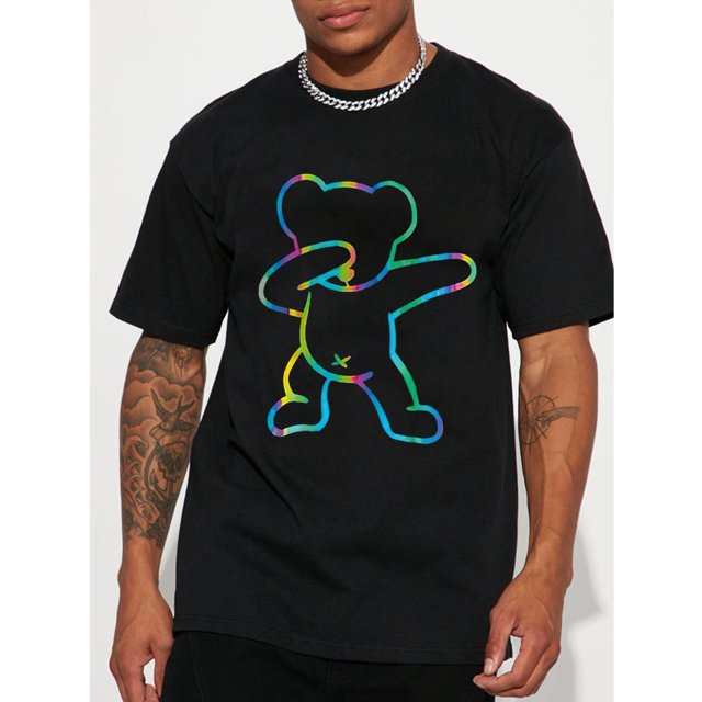 Camiseta informal de algodón para hombre: manga corta y cuello redondo con estampado de oso único | Perfecta para verano y actividades al aire libre, versión convencional