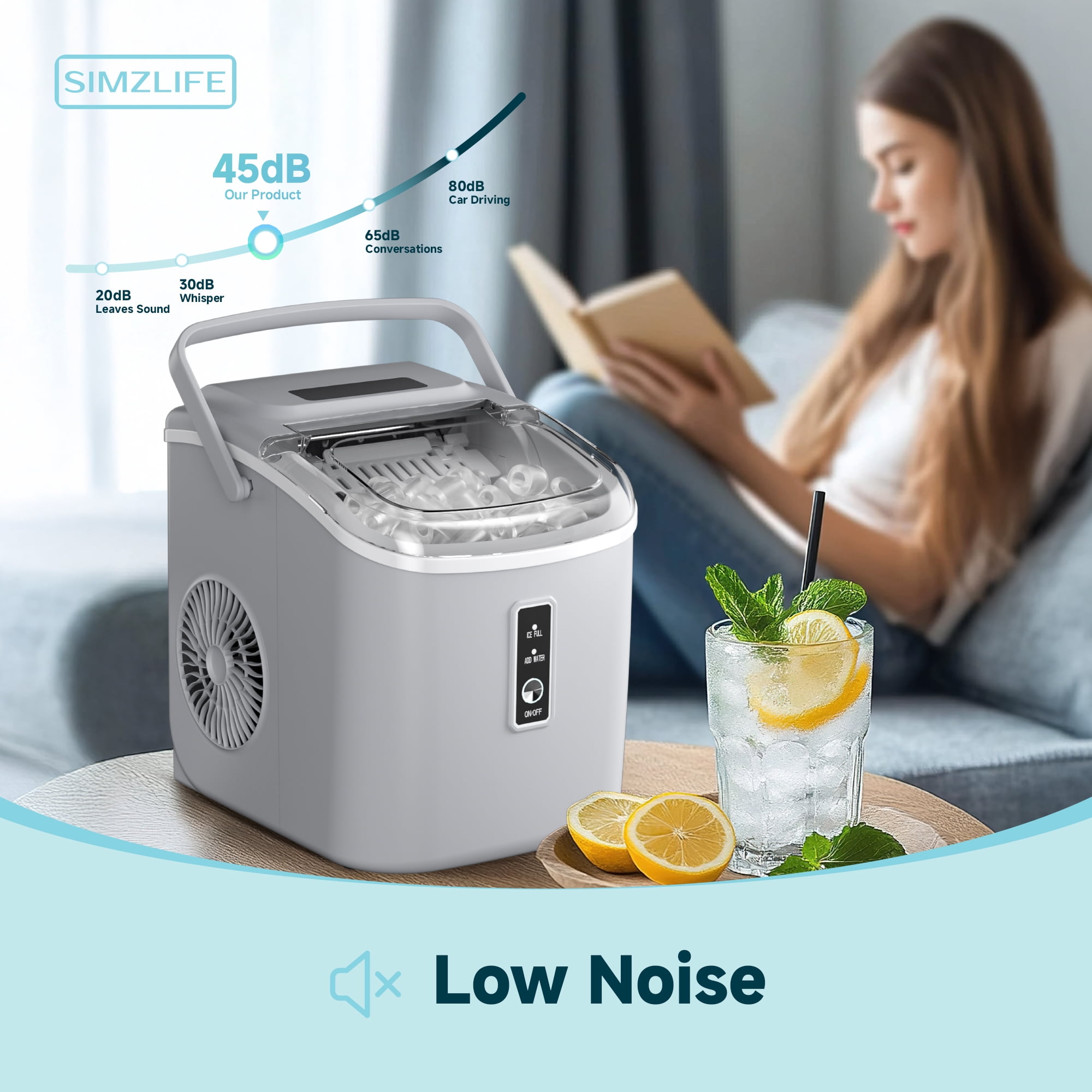 Simzlife Countertop Ice Maker with Handle,Portable Ice Machine with Basket and Scoop, 9 Bullet Ice In 6 Mins, 26Lbs/24H, Self-Cleaning