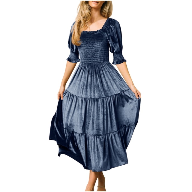 MeetoTime Robes en Velours à Volants pour Femmes Manches Bouffantes Col Carré Robe Smockée Ligne A Fluide Midi