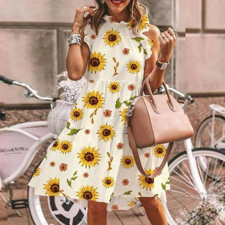 Round neck floral printed skater best sale dress