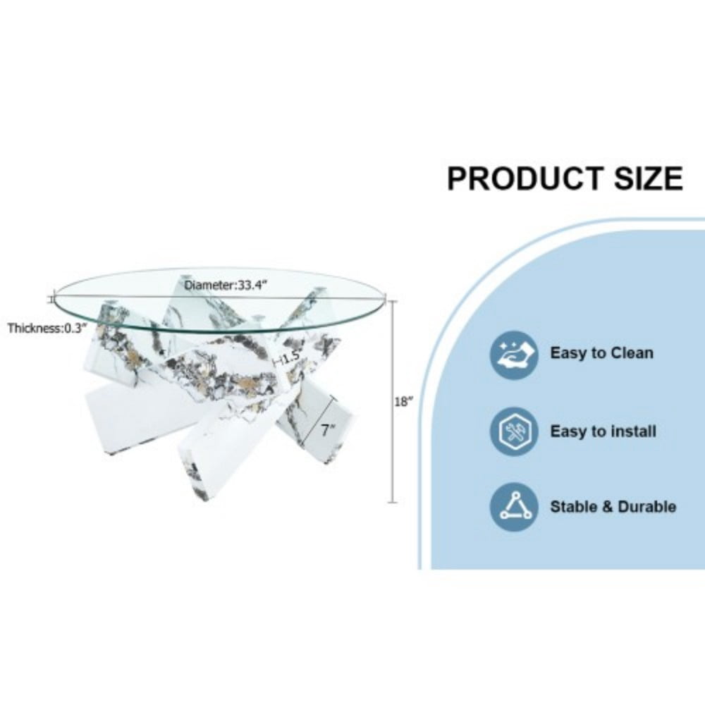 33" Round Glass Coffee Table, Modern Circular Tea Table with Tempered Glass Top and Wood-Look MDF Legs for Living Room, White