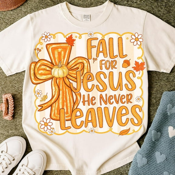 Fall For Jesus He Never Leaves T-shirt, Christian Fall Shirt, Preppy Autumn Shirt, Flower Pumpkin Cross Shirt, Christian Bible Verse TH230636
