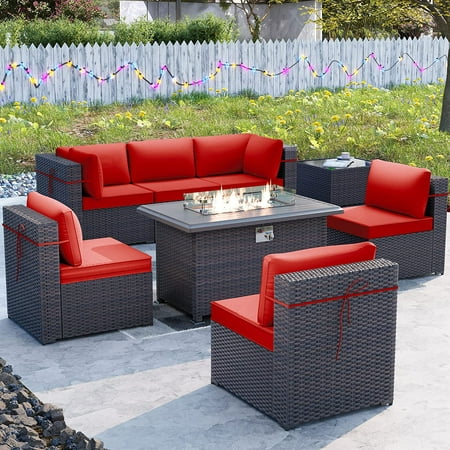 ALAULM 8 Pieces Outdoor Furniture Set with 43 Gas Propane Fire Pit Table PE Wicker Rattan Sectional Sofa Patio Conversation Sets Red