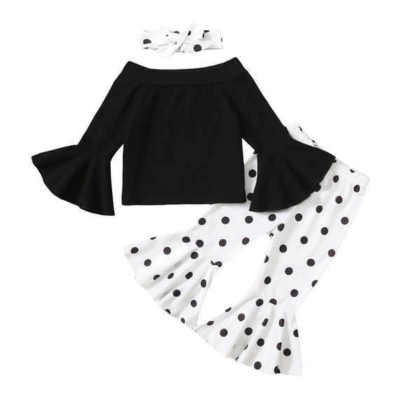 Wuxian Kids Outfits Solid Color Flare Sleeve Off-Shoulder Long Sleeve T Shirt Tops Polka Dot Leopard Printed Flared Pants Headbands Sweat Set For Toddler,Black,2-3 Years