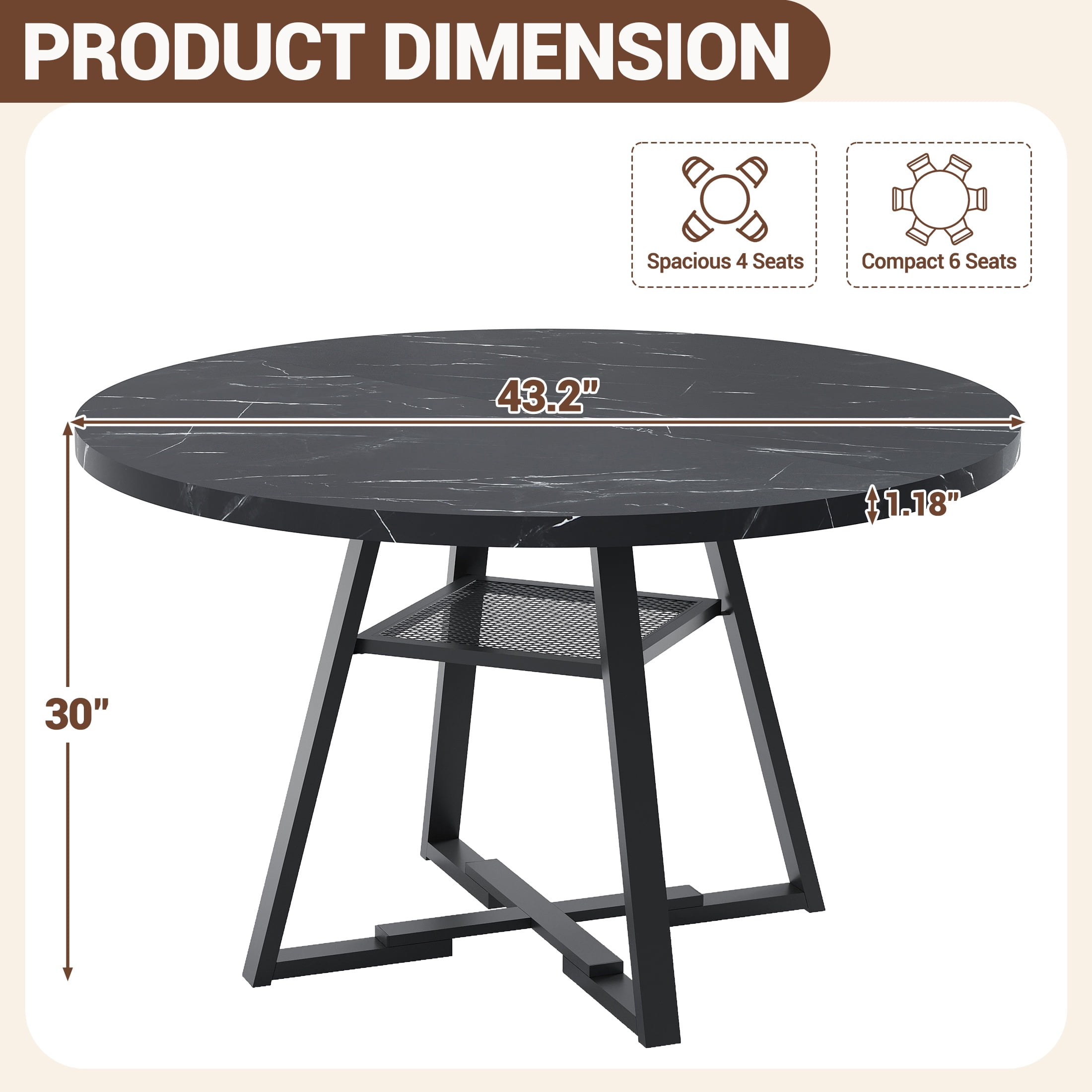 UHOMEPRO Round Kitchen Table for 4, Faux Marble Dining Table with Storage Shelf, Modern High Glossy Dining Room Table with Sturdy Cross-Shaped Base Support (Only Table), Black