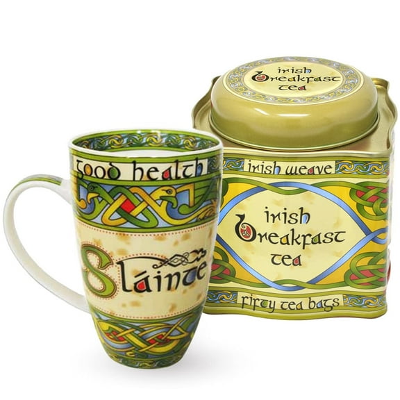 Royal Tara Set of 1 Irish Weave Ceramic Mug With Slainte & 1 Breakfast Tea - Irish Weave Tin 50 Count Tea Bags