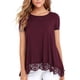 thumbnail image 2 of Qarigey Camiseta de mujer Color sólido Suelta Top básico Encaje Dobladillo hueco Manga corta Blusa de cuello Prendas para la parte del cuerpo Vino rojo XXL, 2 of 6