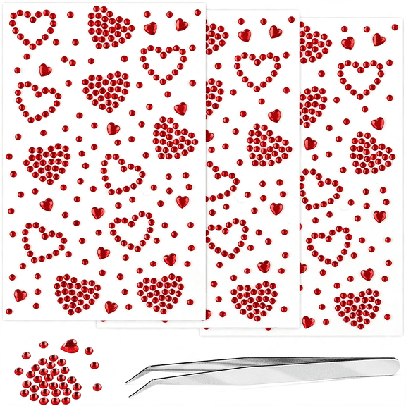 CCOCC 3Sheets Heart Gem Stickers Jewels for Crafts,Face Makeup - Self Adhesive Rhinestone Jewel Stickers,Stick on Gems Rhinestones for Crafts,Craft Supplies for Kids (07.Red Heart)