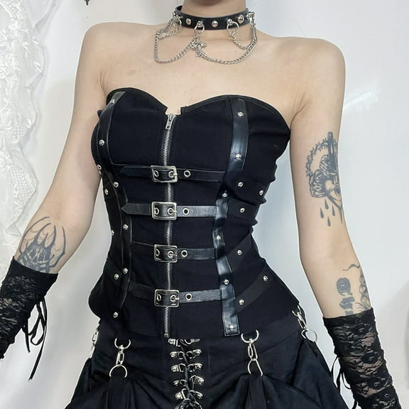 Punk Grunge Leather Buckle Strapless Corset Tops Mall Gothic Zip Women Tupe Top Y2K Coquette Streetwear Alt Tanks Vest