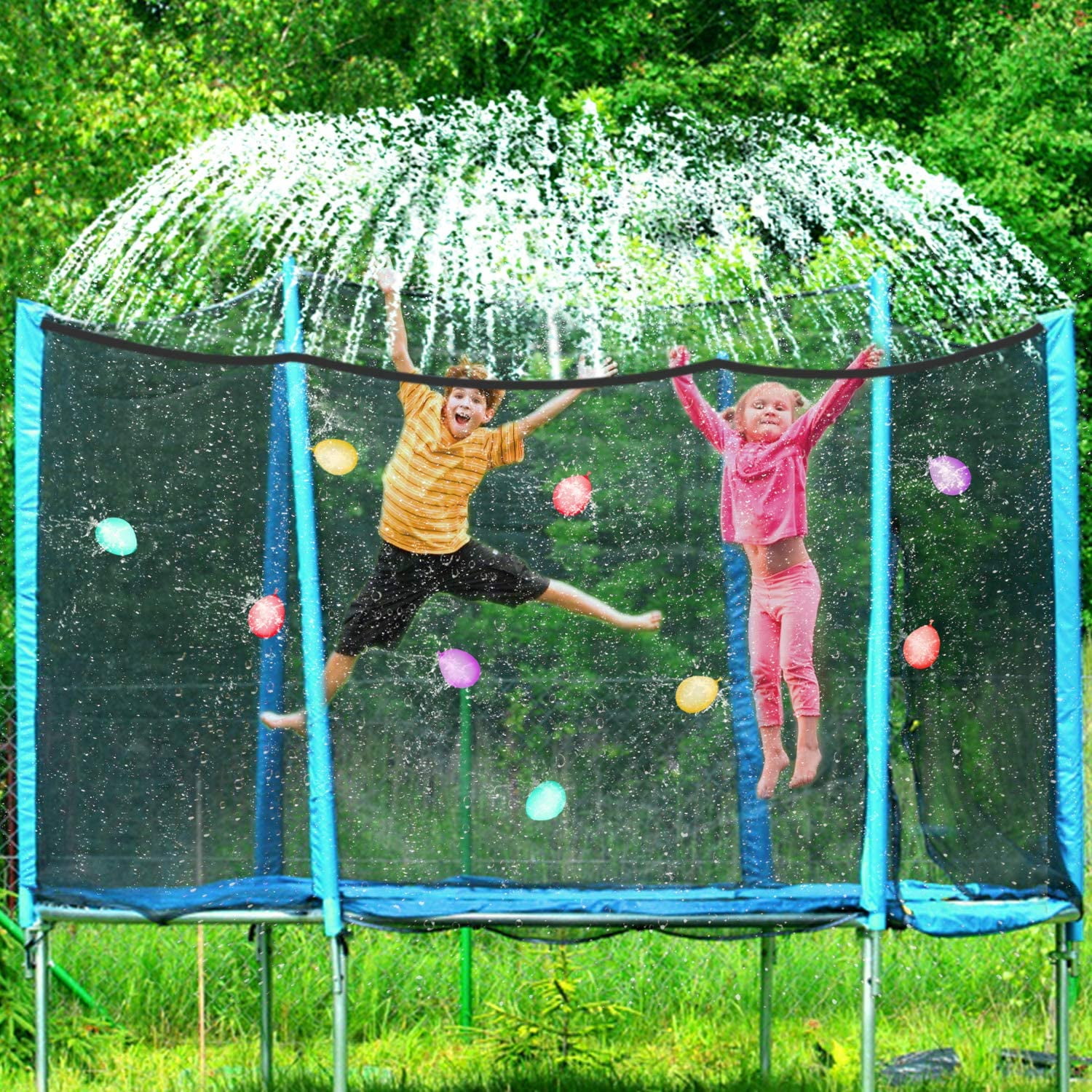Trampoline Sprinkler 39ft Waterpark Outdoor Water Sprinklers Toy Accessories For Kids Fun Summer Water Park Backyard Yard Game For Boy Girl Outside Play Activities With 100 Water Balloons 25 Zip Ties