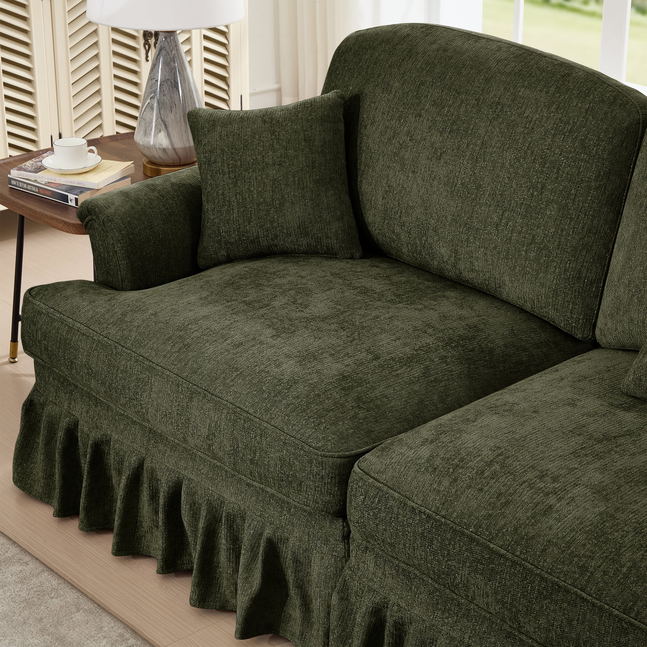 Noble House L-Shaped 2-Seater Sofa with Flared Arms, Removable Pleated Skirt, Spindle Legs, Chenille, Movable Ottoman, Green