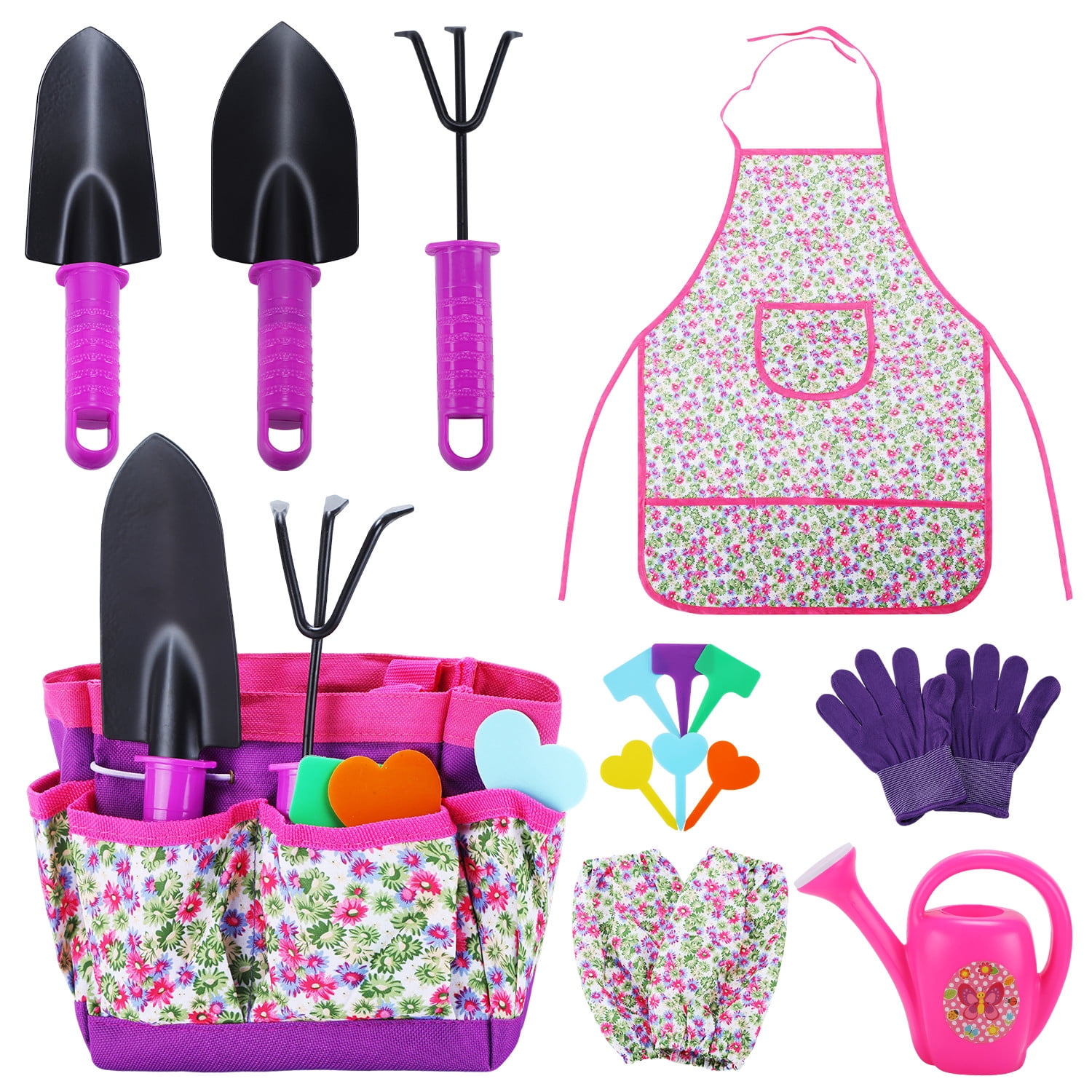 JoyStone 16PCS Kids Gardening Tool Set with Floral Apron & Tote Bag, Watering Can, Gloves, Shovel & Rake, Outdoor Yard Gift for Toddlers Ages 3+