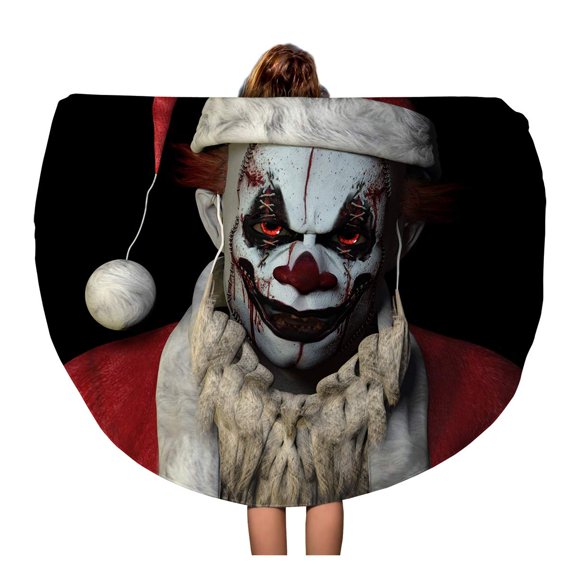 JSDART 60 inch Round Beach Towel Blanket Christmas Scary Santa Clown Glaring at You Creepy Evil Travel Circle Circular Towels Mat Tapestry Beach Throw