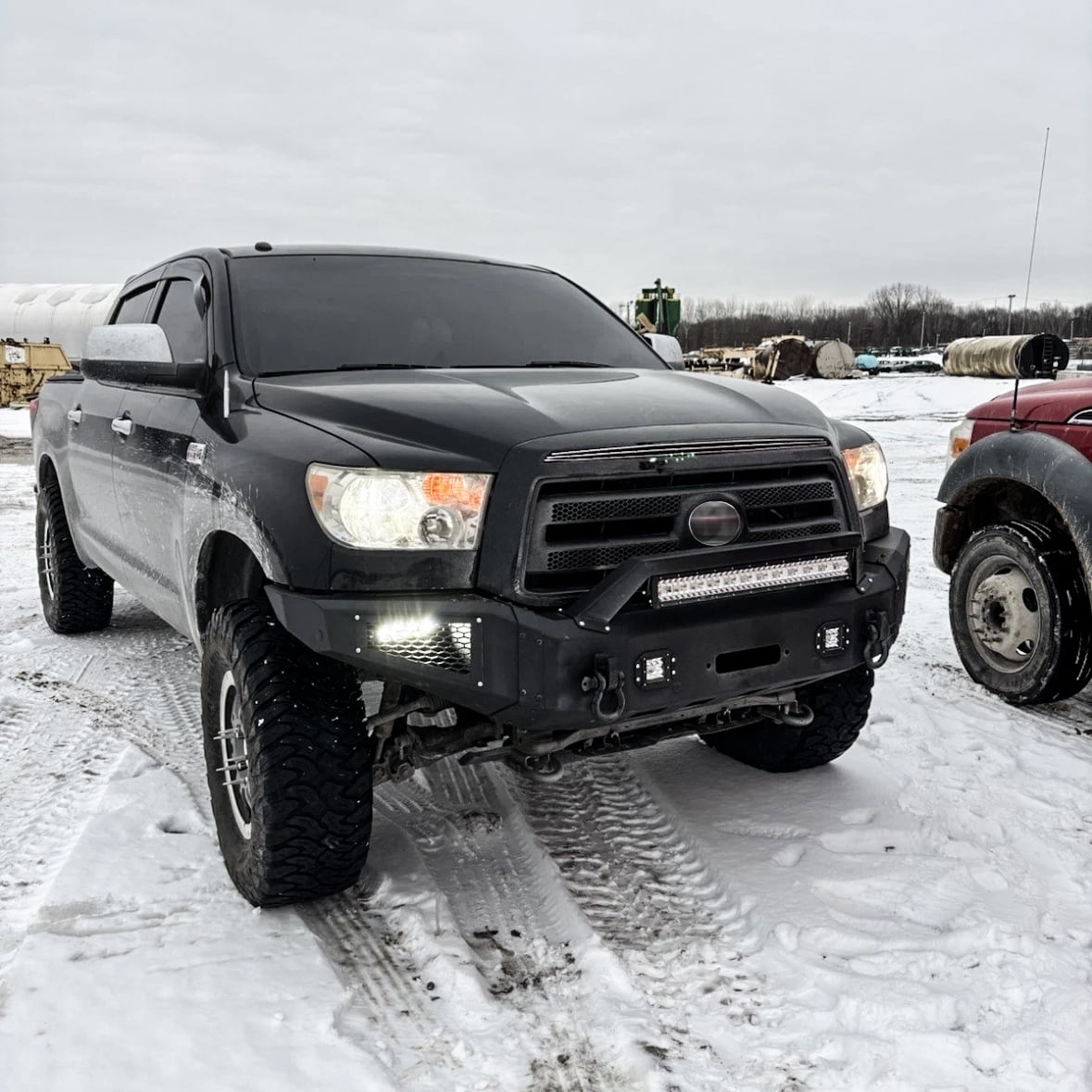 Vijay Compatible with 2007-2008-2009-2010-2011-2012-2013 Toyota Tundra Front Bumper Textured Black Steel with Lights and D-rings