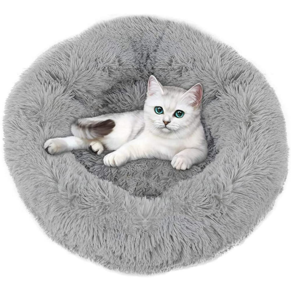 HAITRAL Fluffy Dog Bed with Round Donut, Machine Washable, Gray