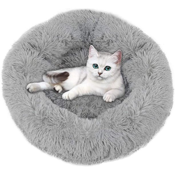 HAITRAL Fluffy Dog Bed with Round Donut, Machine Washable, Gray