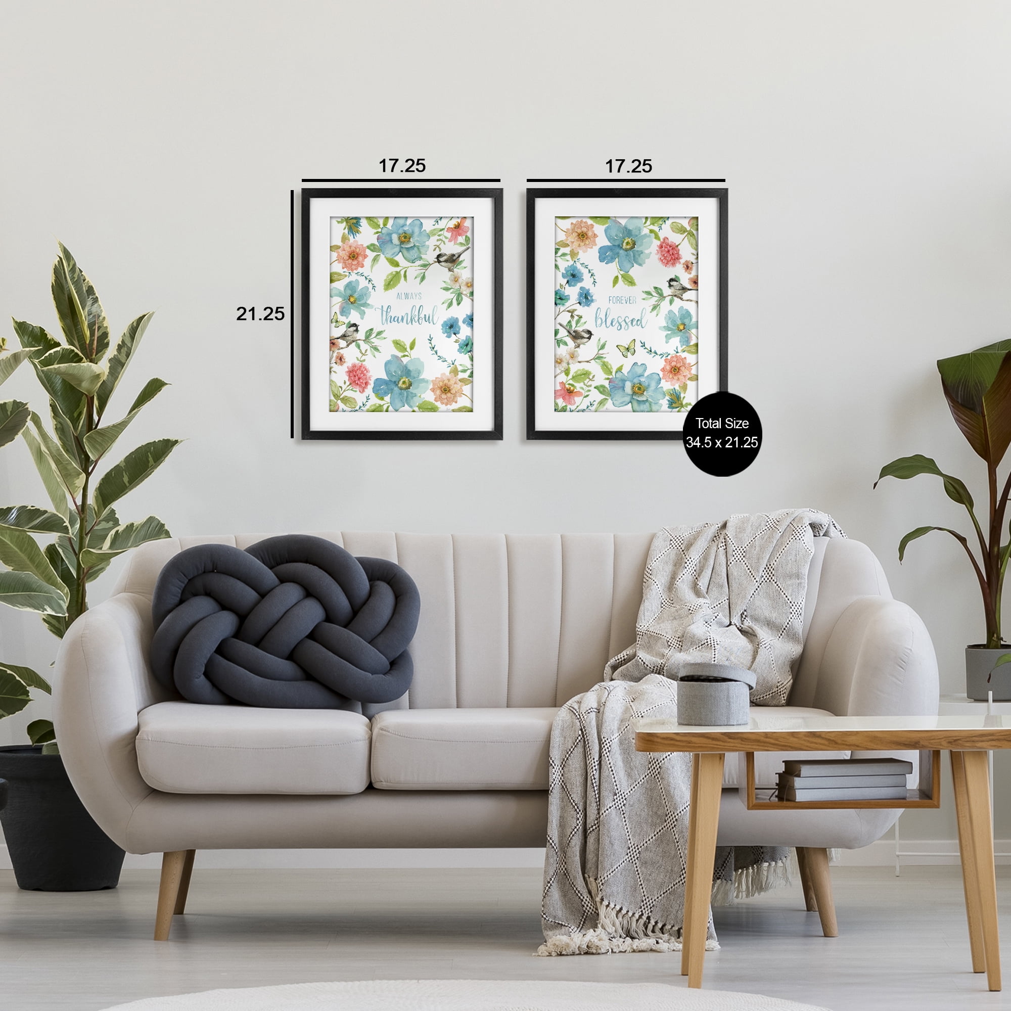 Stupell Industries Pink & Blue Gratitude Blooms 2 Piece Black Framed Print Under Glass Set, design by Nan