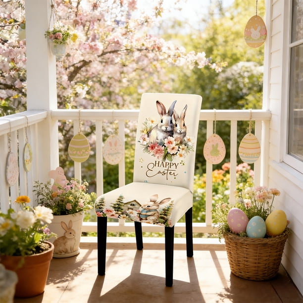 CaiYueKe Easter Bunny Chair Covers Set, Holiday Dining Decor, Festive Party Chair Slipcovers, Spring Home Table Setting, Washable Decorative Covers for Kitchen Dining Room Gatherings
