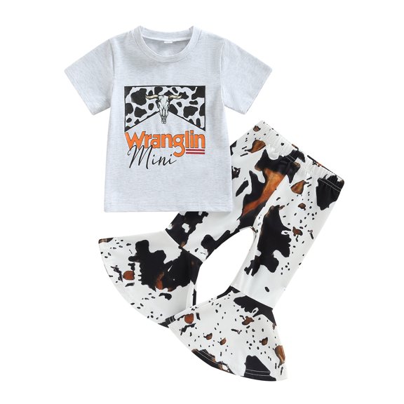 1-6Y Toddler Kids Girl Summer Clothes Sets 18M 2Y 3Y 4Y 5Y 6Y Short Sleeve Cow Letters Print T Shirts  Leopard Bell-Bottomed Pants