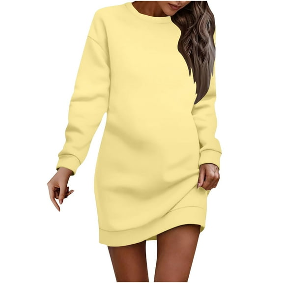 Tauxra Women Solid Color Round Neck Long Sleeve Dress,Casual Simple