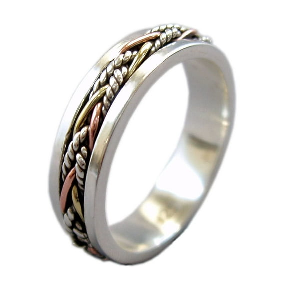 Energy Stone Twine 5.5 mm Narrow Band Tri-Color Sterling Silver Meditation Spinner Ring (Style US40) (7)