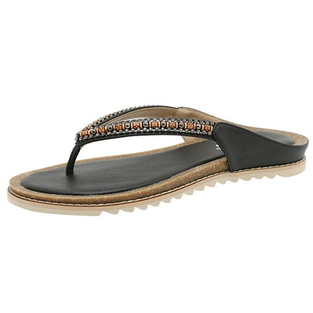 

Cathalem Women Flip Flop Fashion Retro Beaded Decorative Round Toe Flat Bottom Comfortable Non Slip Beach Sandals Black 38
